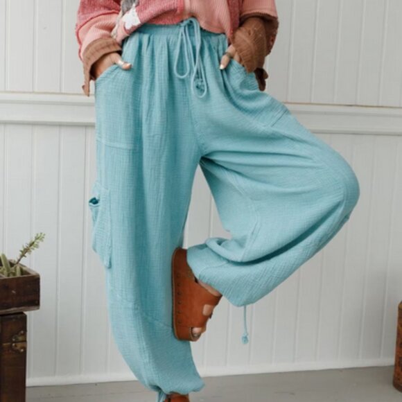 Three Bird Nest Cool Coast Wide-Leg Pants Teal Pocket Drawstring S - Picture 4 of 8